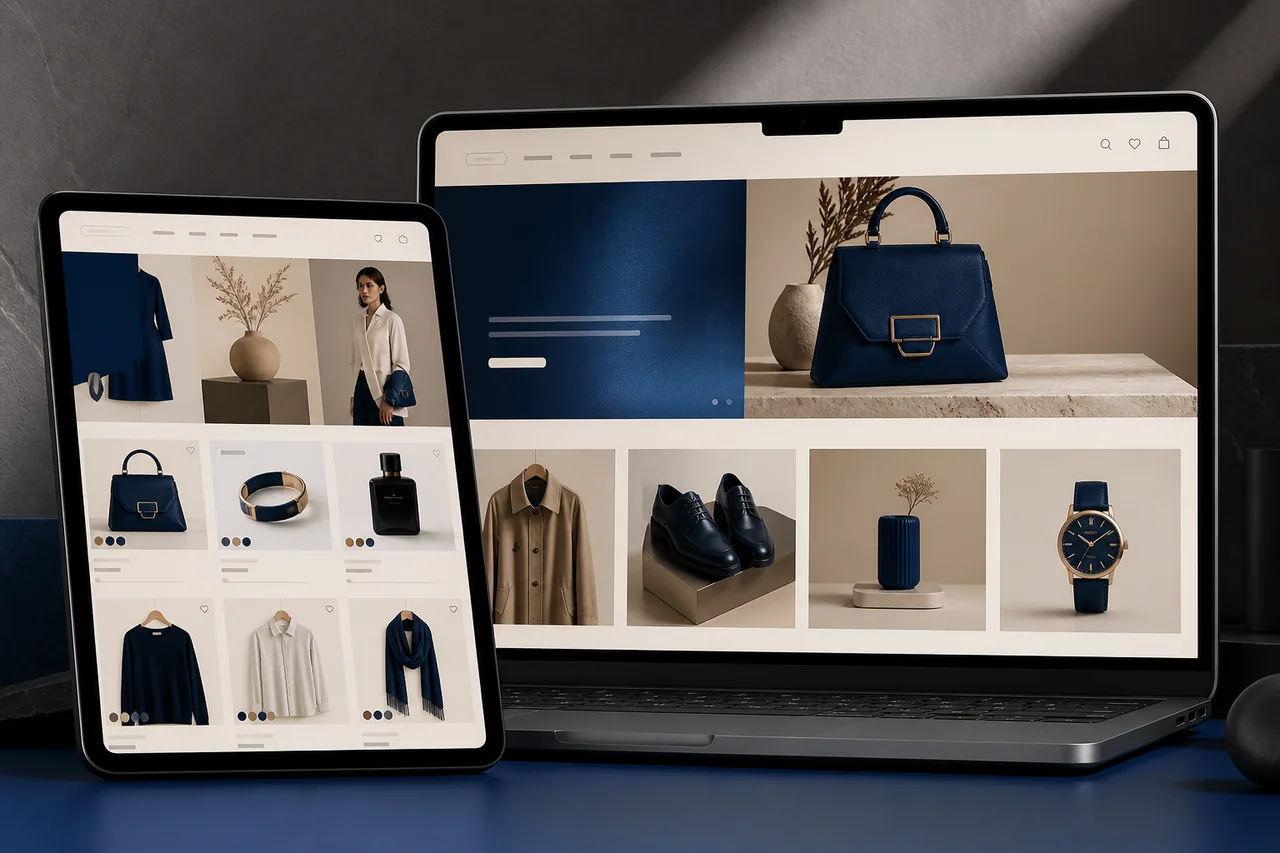 Exemplo de loja virtual elegante exibida em notebook e tablet