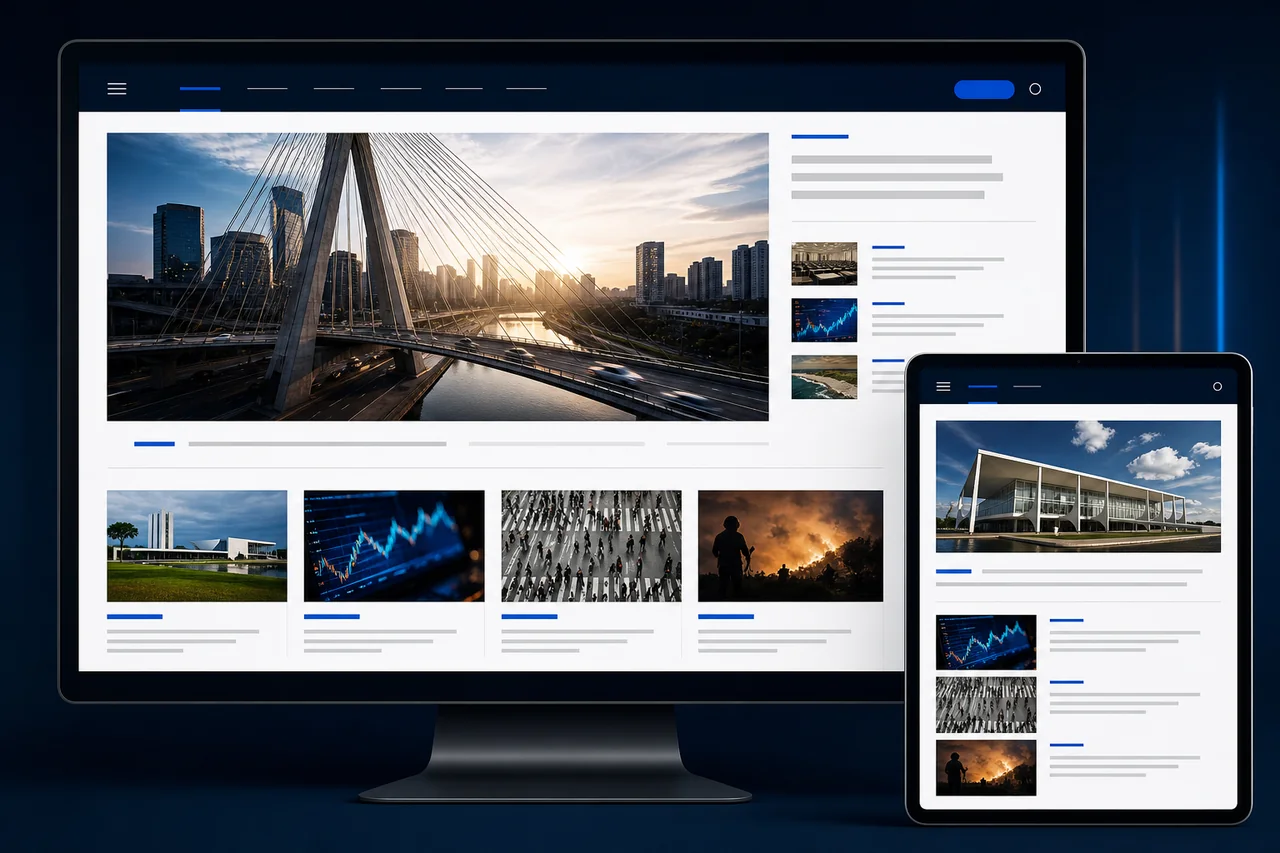 Exemplo de portal de notícias responsivo em monitor e tablet